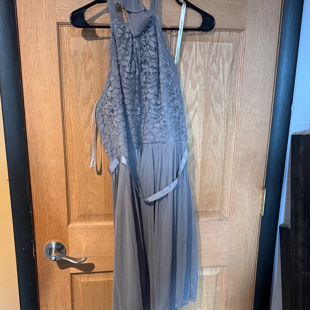 David's Bridal Lace Bodice Chiffon Midi Dress in Gray